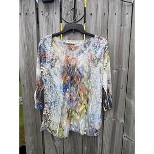 Impulse California Abstract Print Lace Overlay 3/4 Sleeve Top Multi Color M